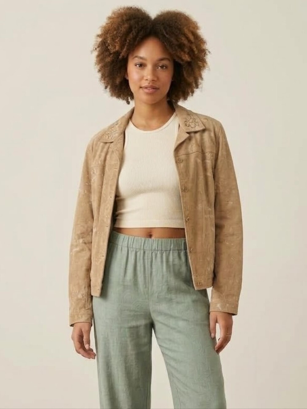 Vintage Rafael Y2K Tan Embroidered Faux Suede Bomber Jacket Blazer Sz 14